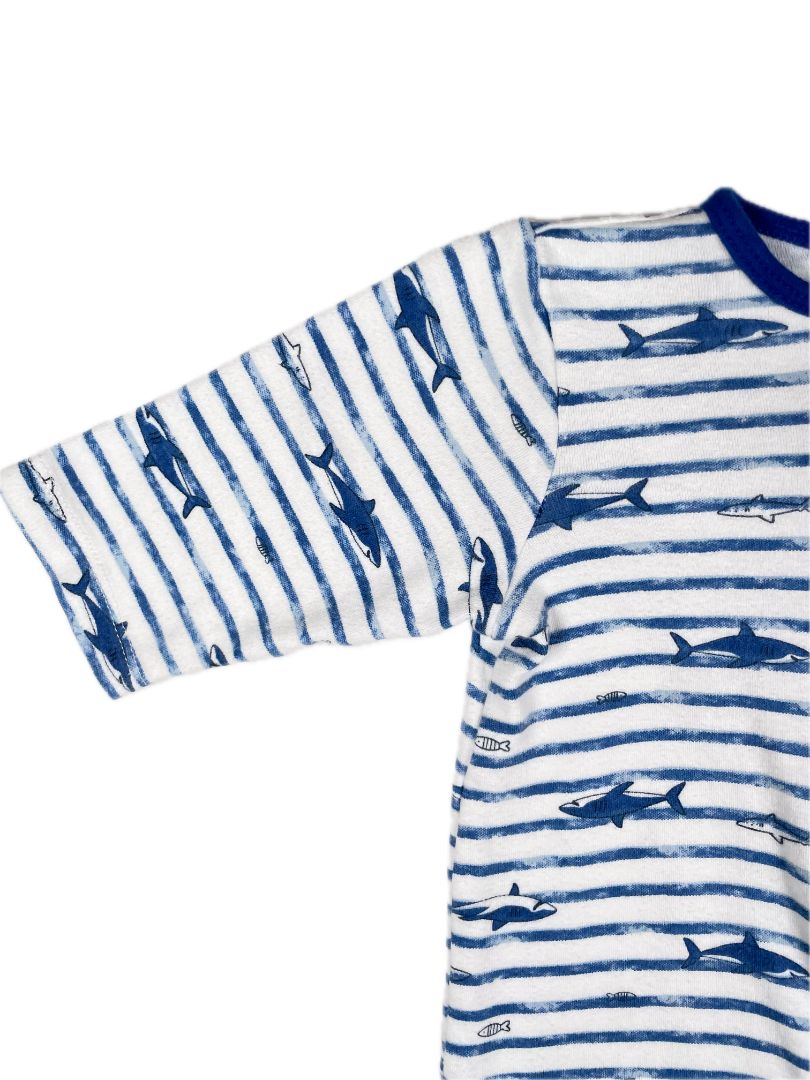 9 mo Little Me, Blue, Striped & shark print footed zip-up coverall