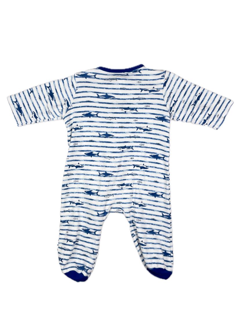 9 mo Little Me, Blue, Striped & shark print footed zip-up coverall