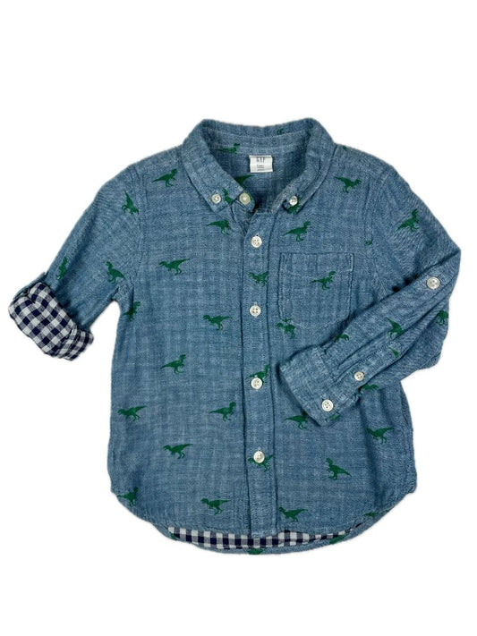 3/3T babyGap, Blue, Long-sleeve button-up dinosaur print shirt with gingham lining