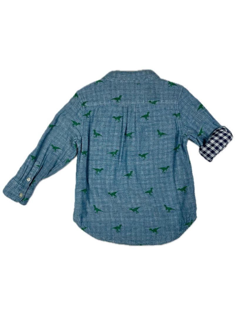 3/3T babyGap, Blue, Long-sleeve button-up dinosaur print shirt with gingham lining