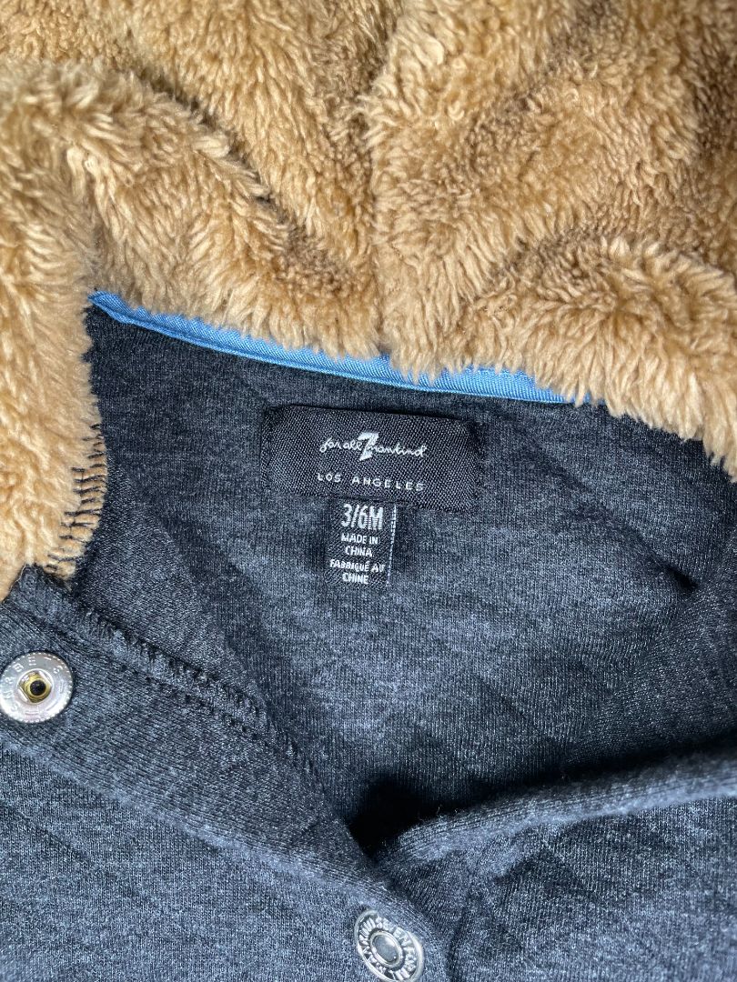 3-6 mo 7 for All Mankind, Grey, Quilted hooded cozy coverall w/ brown faux fur hood lining