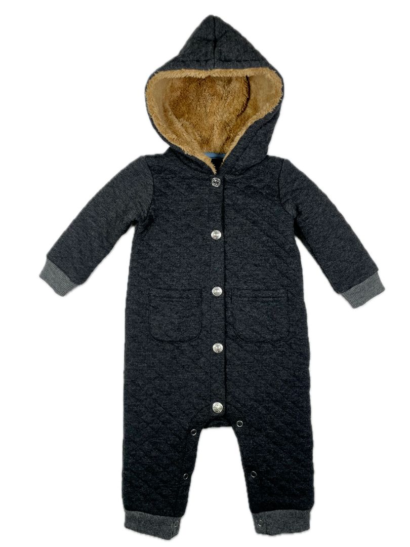 3-6 mo 7 for All Mankind, Grey, Quilted hooded cozy coverall w/ brown faux fur hood lining