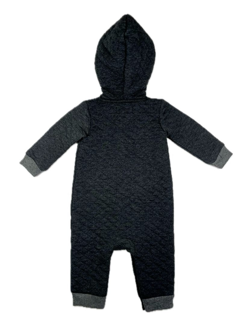 3-6 mo 7 for All Mankind, Grey, Quilted hooded cozy coverall w/ brown faux fur hood lining