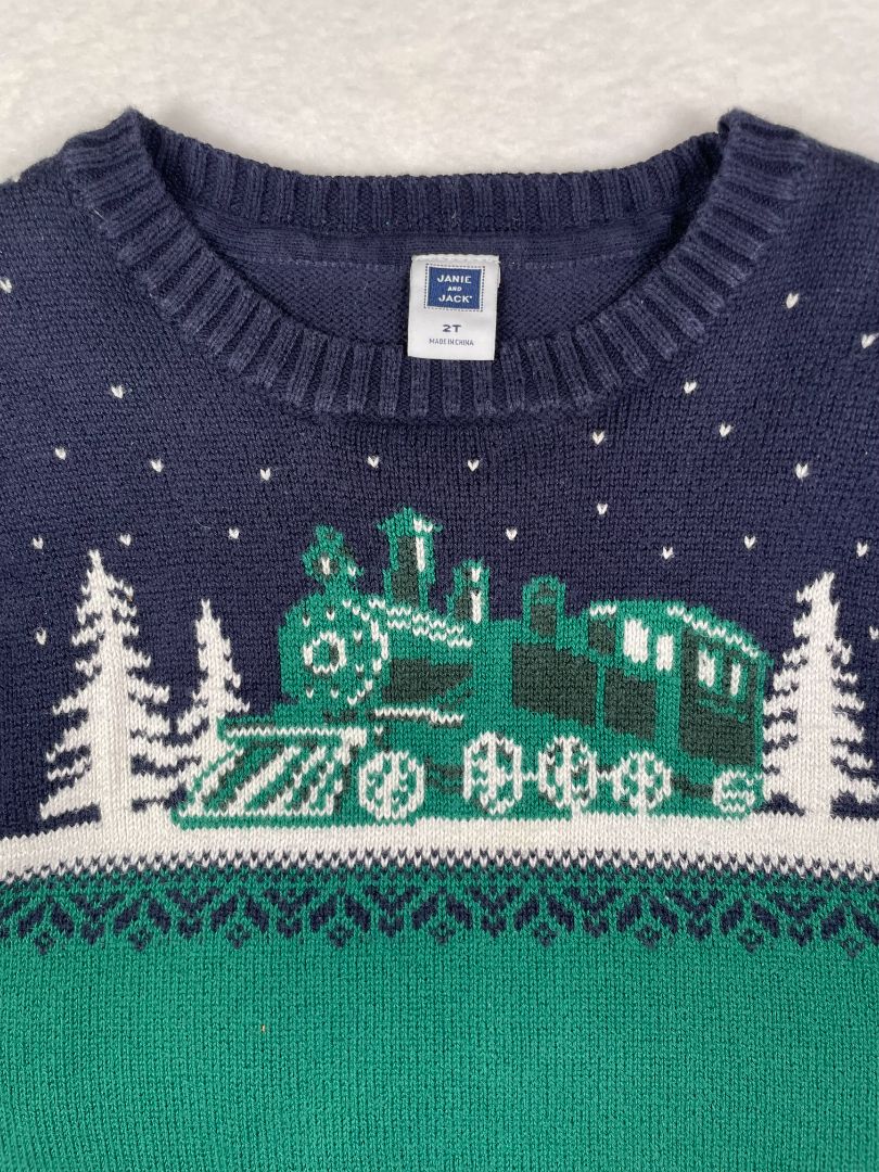 2/2T Janie and Jack, Multi, Fair Isle Christmas train sweater, navy/green
