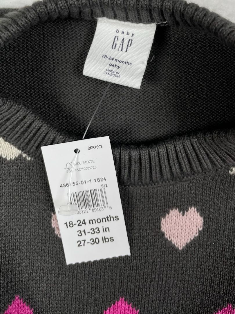 18-24 mo, babyGap, Grey, NEW w/ tags - Boxy knit heart sweater, pink/light pink/white