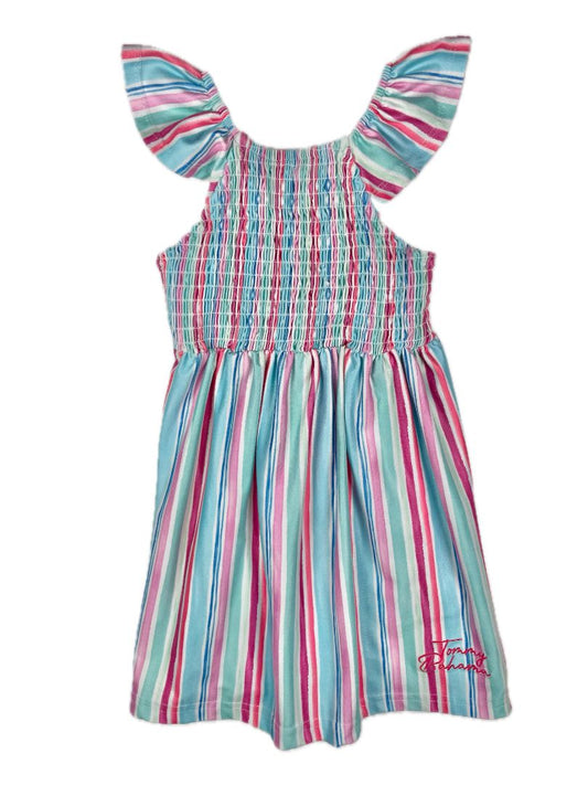 2/2T Tommy Bahama, Multi, Flutter-sleeve vertical-striped dress w/ smocking, pink/blue/gree/purple