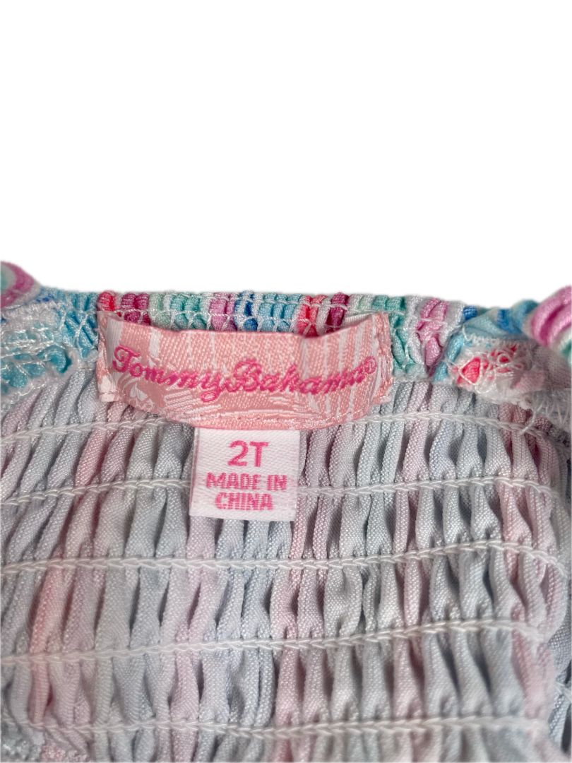 2/2T Tommy Bahama, Multi, Flutter-sleeve vertical-striped dress w/ smocking, pink/blue/gree/purple