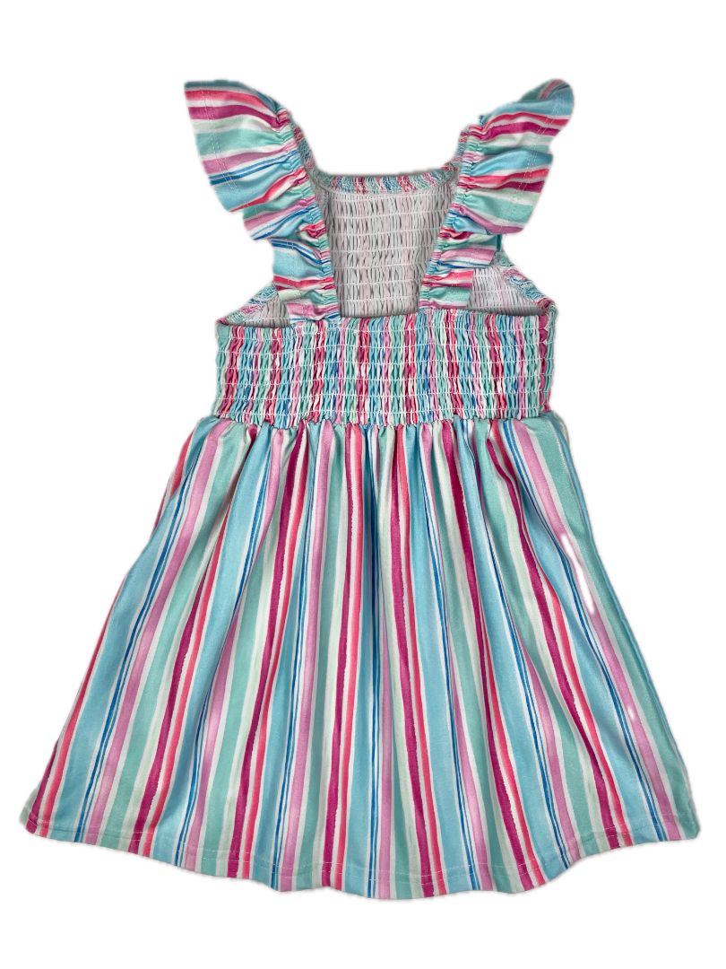 2/2T Tommy Bahama, Multi, Flutter-sleeve vertical-striped dress w/ smocking, pink/blue/gree/purple