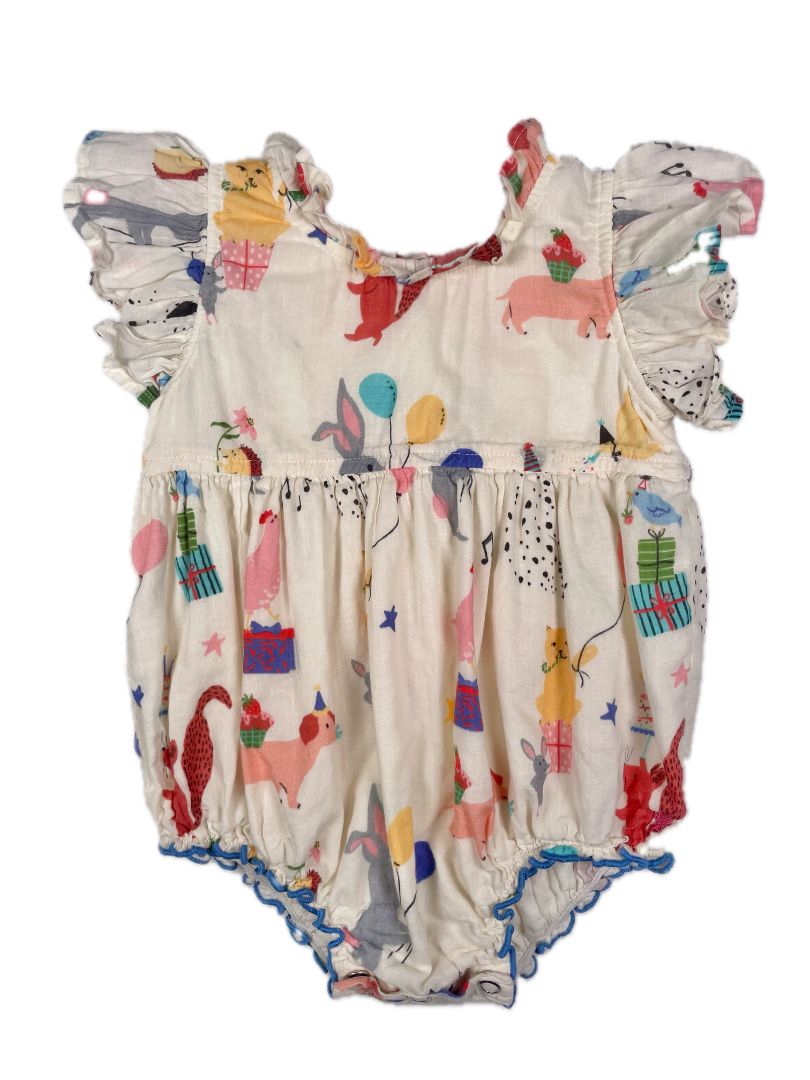 3-6 mo Pink Chicken New York, Cream, Animal party print "bubble" w/ flutter sleeves & zip back