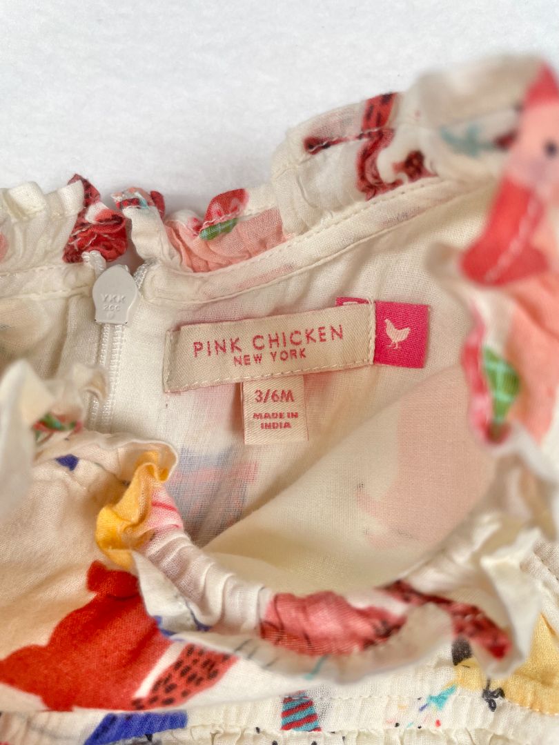 3-6 mo Pink Chicken New York, Cream, Animal party print "bubble" w/ flutter sleeves & zip back