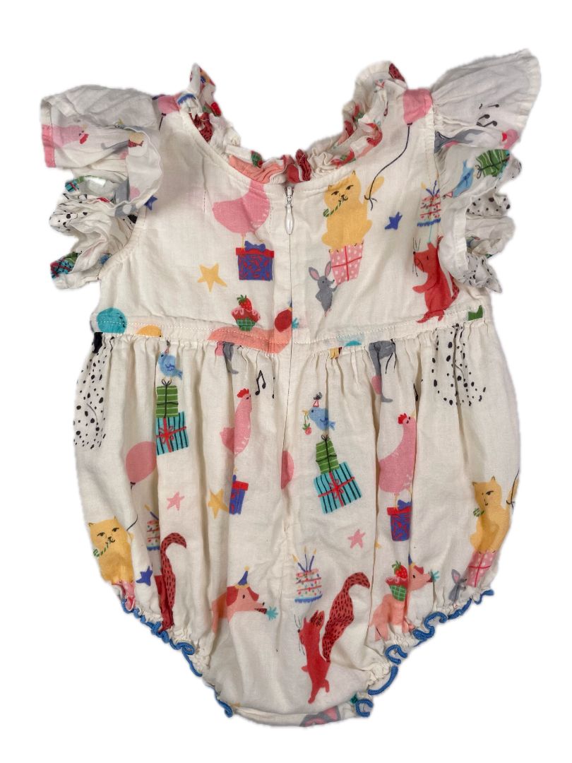 3-6 mo Pink Chicken New York, Cream, Animal party print "bubble" w/ flutter sleeves & zip back