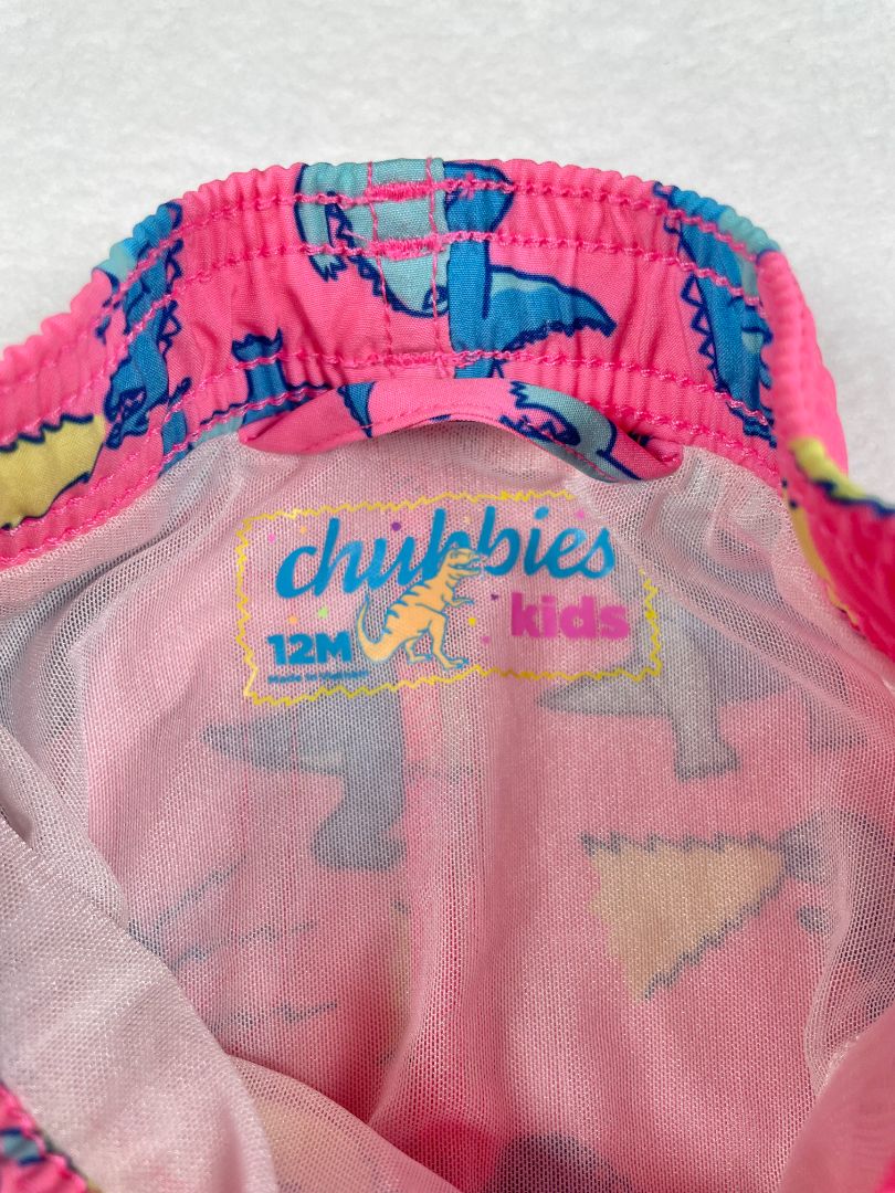 12 mo Chubbies, Pink, Godzilla print drawstring classic swim trunks