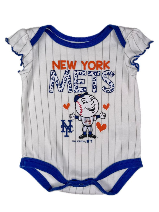 0-3 mo Team Athletics, White, MLB short-sleeve NY Mets onesie w/ Mr. Met, ruffle sleeve