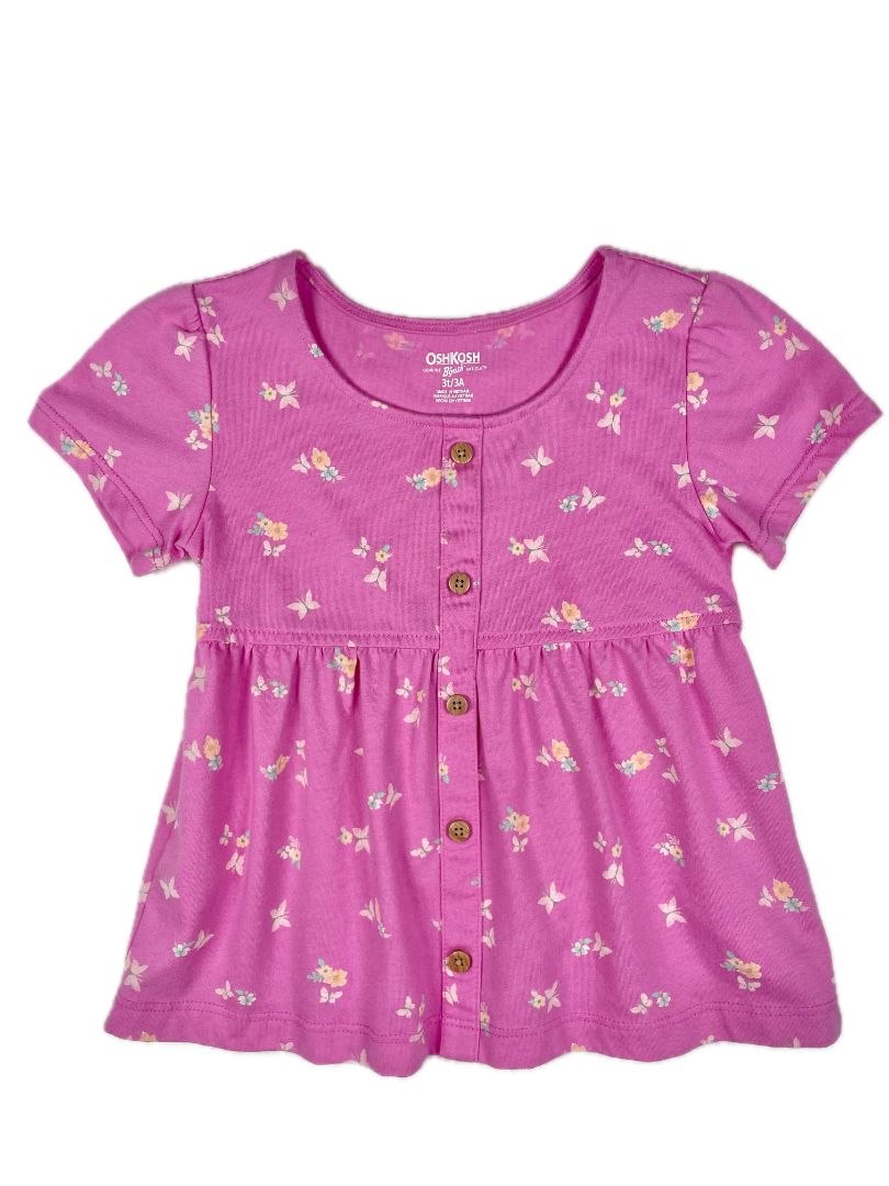 3/3T OshKosh B'Gosh, Pink, Short-sleeve butterfly/flower print shirt, decorative buttons