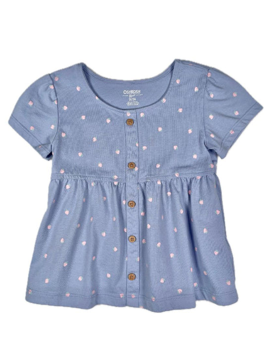 3/3T OshKosh B'Gosh, Blue, Short-sleeve strawberry print shirt, decorative buttons