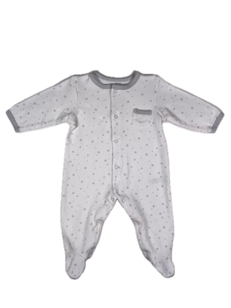 6 mo Little Me, White, Long-sleeve star print snap-up footed coverall, grey stars & trim