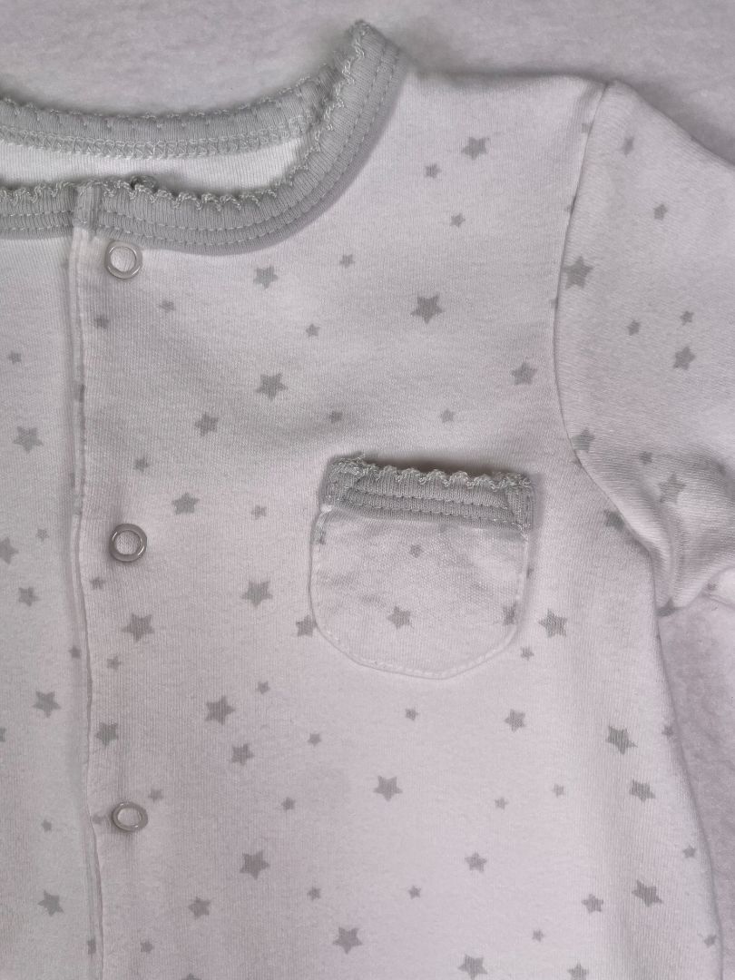 6 mo Little Me, White, Long-sleeve star print snap-up footed coverall, grey stars & trim