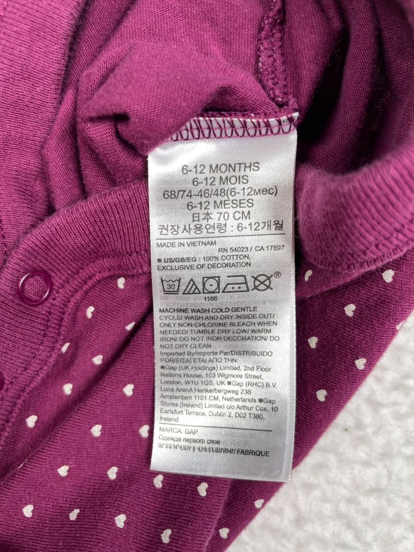 6-12 mo, babyGap, Purple, Mini heart pattern long-sleeve bodysuit w/ ruffles at shoulders