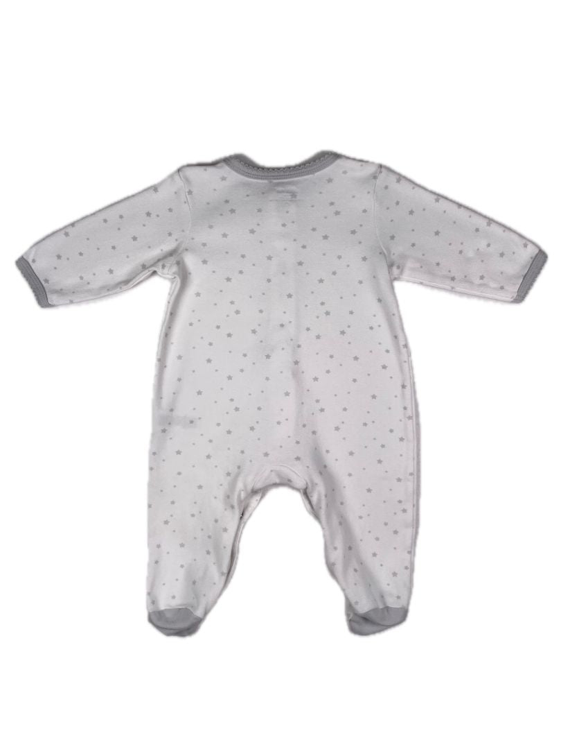 6 mo Little Me, White, Long-sleeve star print snap-up footed coverall, grey stars & trim