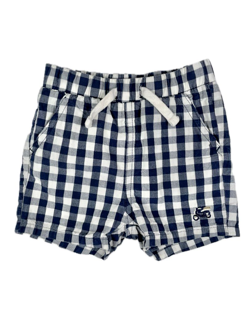 12 mo Miles the Label, Blue, Elastic pull-on navy gingham shorts w/ scooter emblem (decorative drawstring)