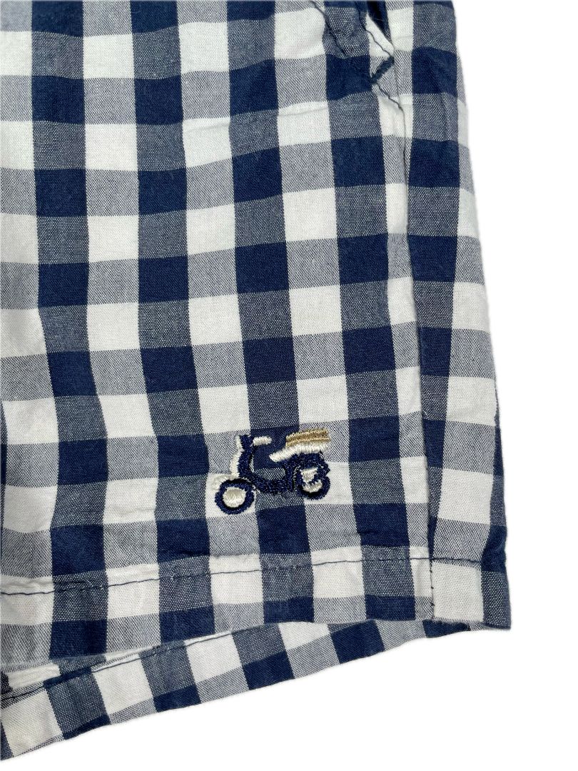 12 mo Miles the Label, Blue, Elastic pull-on navy gingham shorts w/ scooter emblem (decorative drawstring)