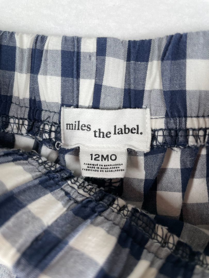 12 mo Miles the Label, Blue, Elastic pull-on navy gingham shorts w/ scooter emblem (decorative drawstring)