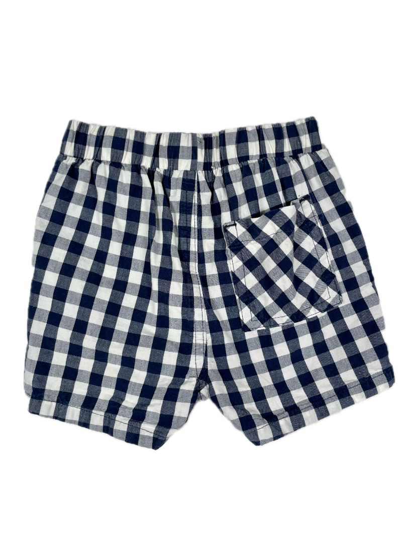 12 mo Miles the Label, Blue, Elastic pull-on navy gingham shorts w/ scooter emblem (decorative drawstring)