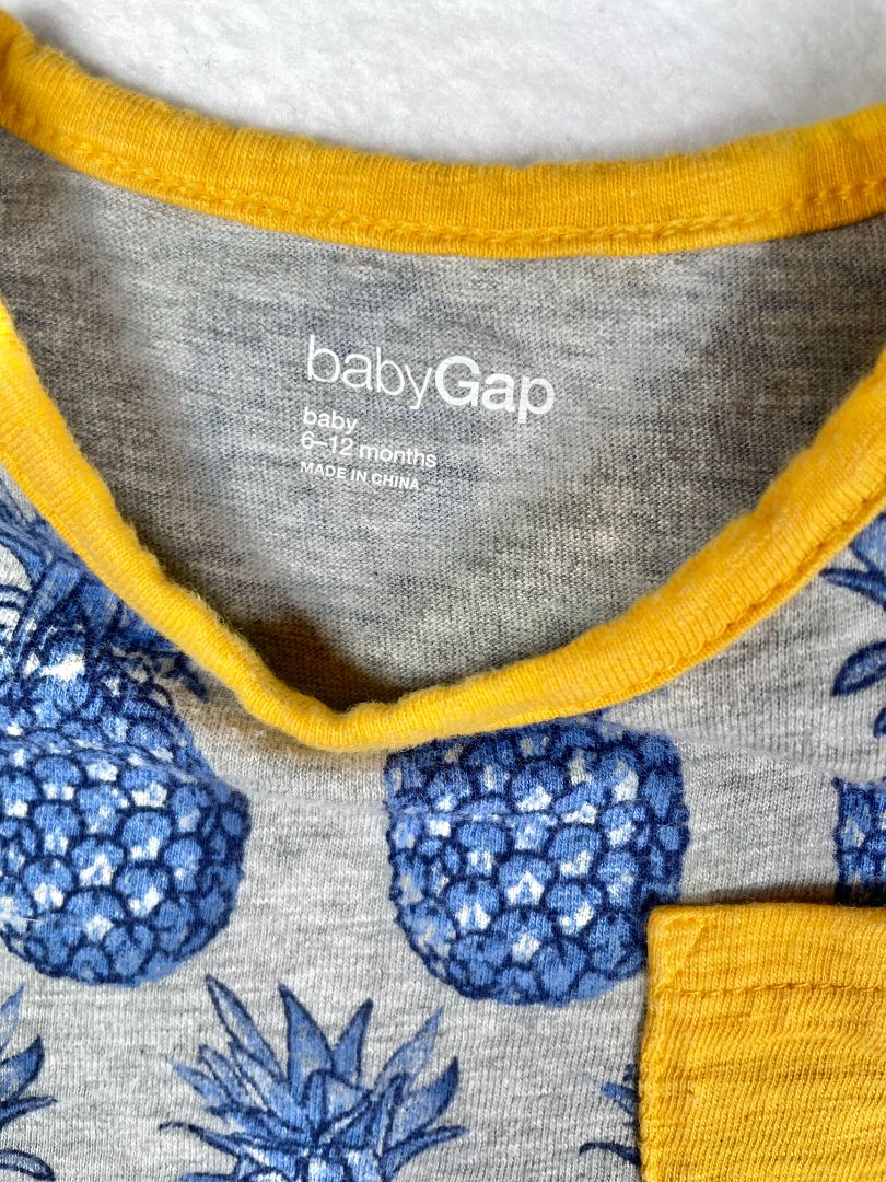 6-12 mo, babyGap, Grey, Blue pineapple sleeveless romper, yellow piping and pocket