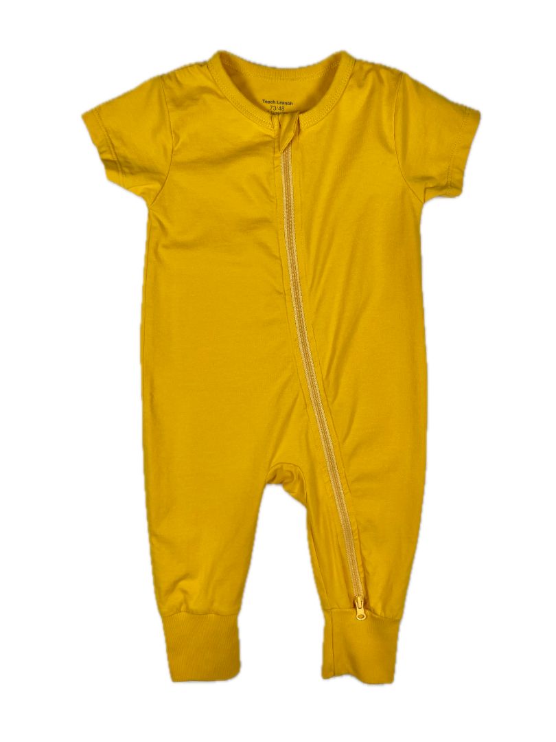 6-12 mo, Teach Leanbh, Yellow, Short-sleeve cotton romper w/ 2-way zipper