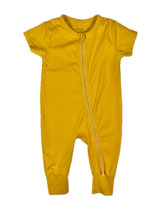 6-12 mo, Teach Leanbh, Yellow, Short-sleeve cotton romper w/ 2-way zipper