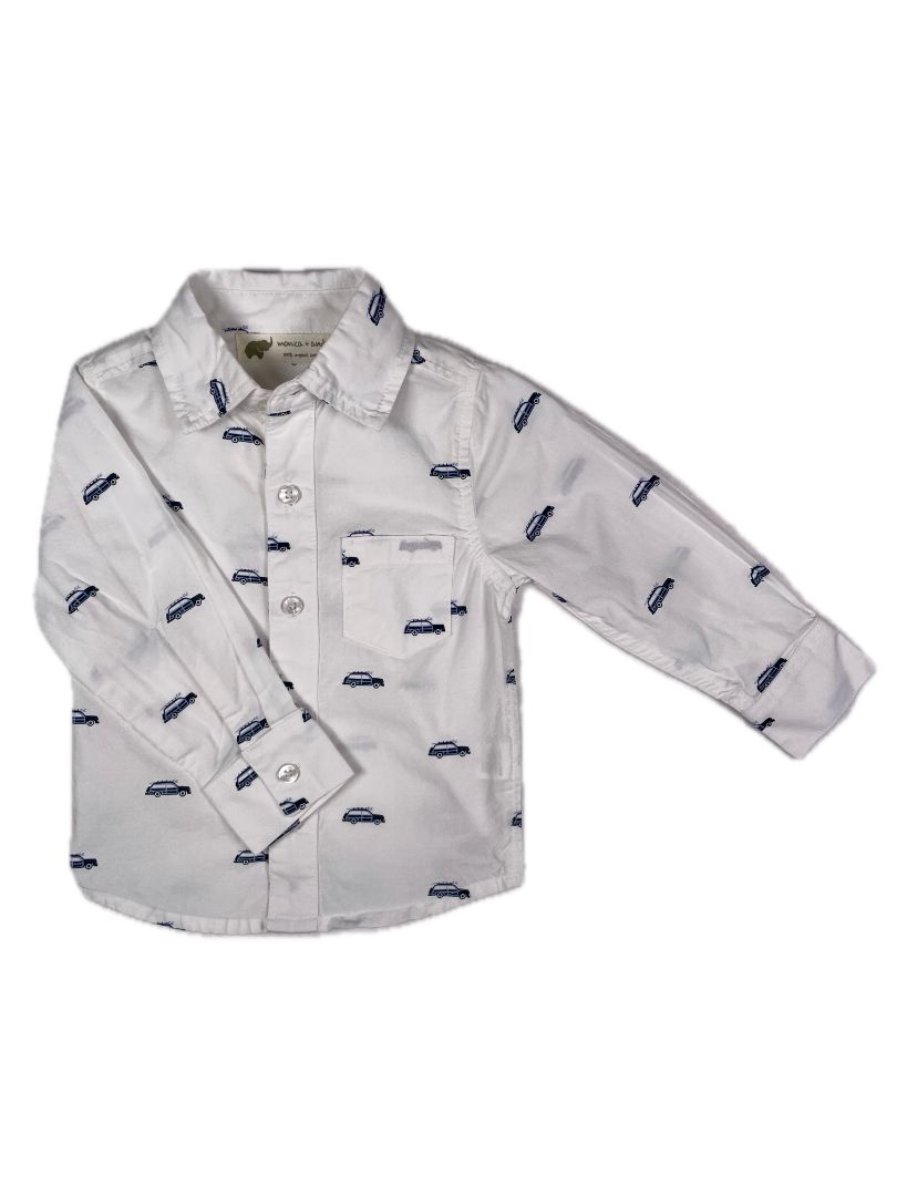9-12 mo, Monica + Andy, White, Organic cotton button-up shirt, car w/ surfboard print
