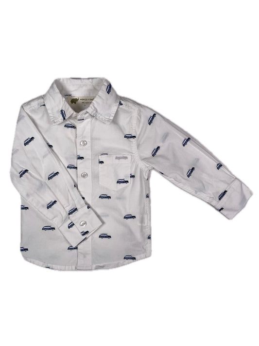 9-12 mo, Monica + Andy, White, Organic cotton button-up shirt, car w/ surfboard print