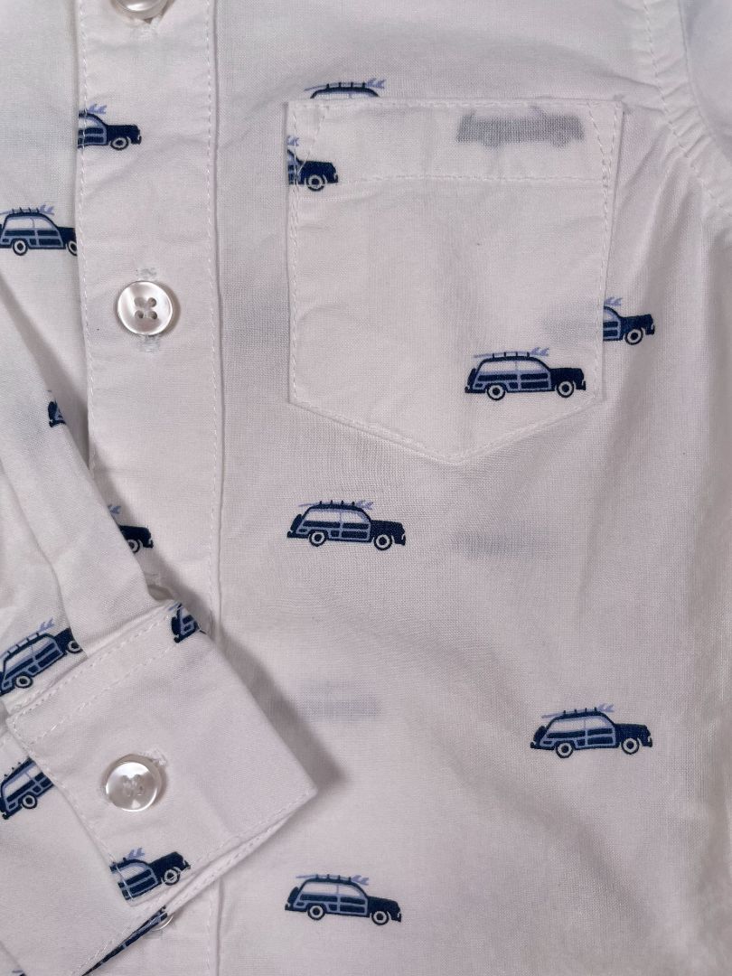 9-12 mo, Monica + Andy, White, Organic cotton button-up shirt, car w/ surfboard print