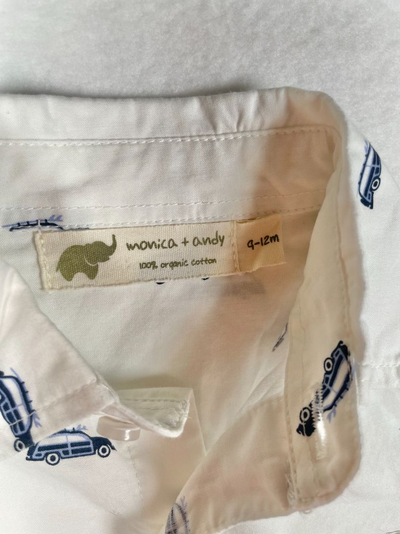 9-12 mo, Monica + Andy, White, Organic cotton button-up shirt, car w/ surfboard print