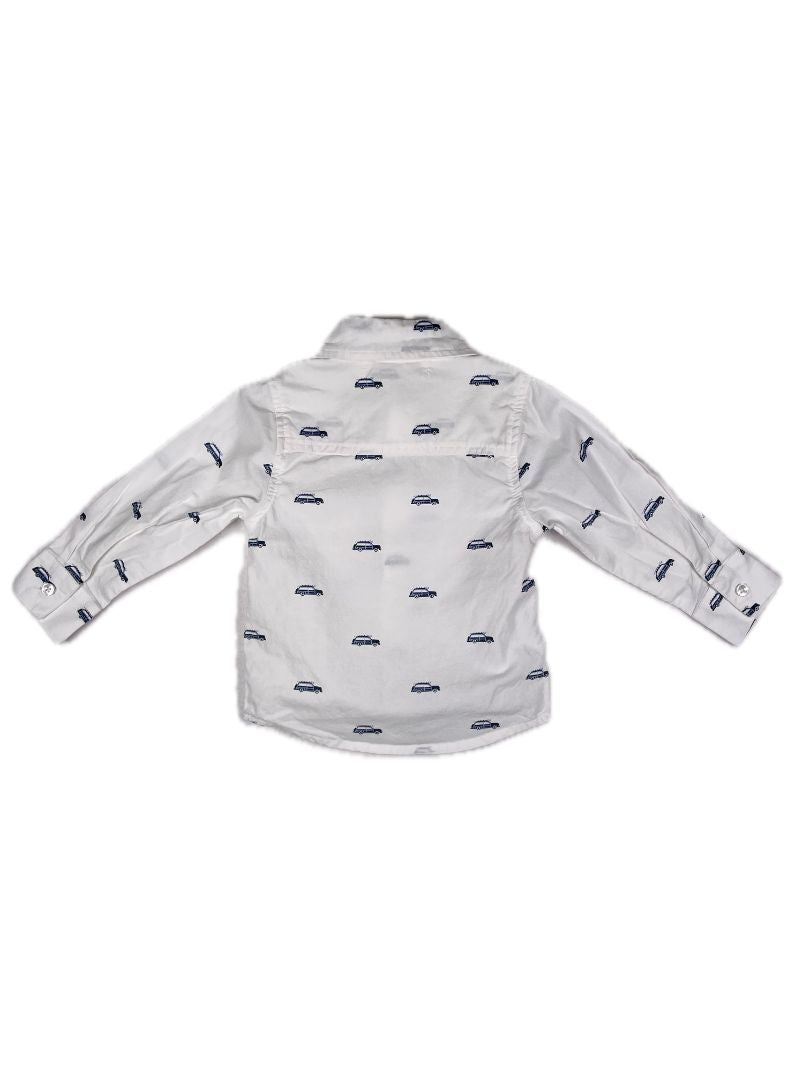 9-12 mo, Monica + Andy, White, Organic cotton button-up shirt, car w/ surfboard print