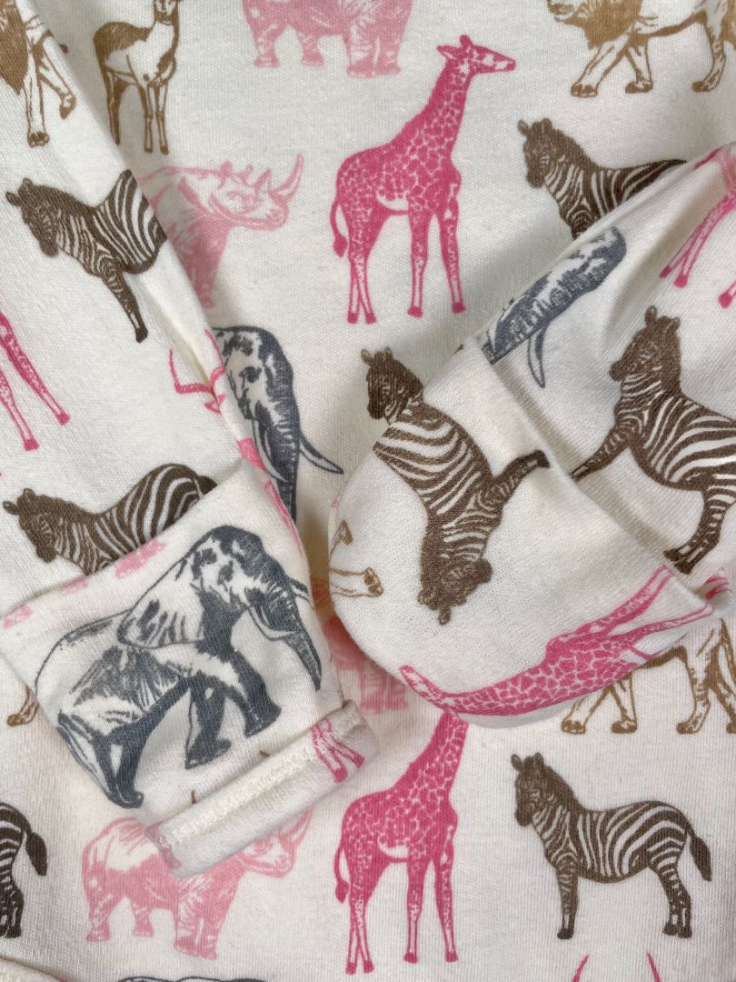 0-3 mo Touched by Nature, Cream, Organic cotton long-sleeve bodysuit, safari print w/ hand covers, pink/grey/brown