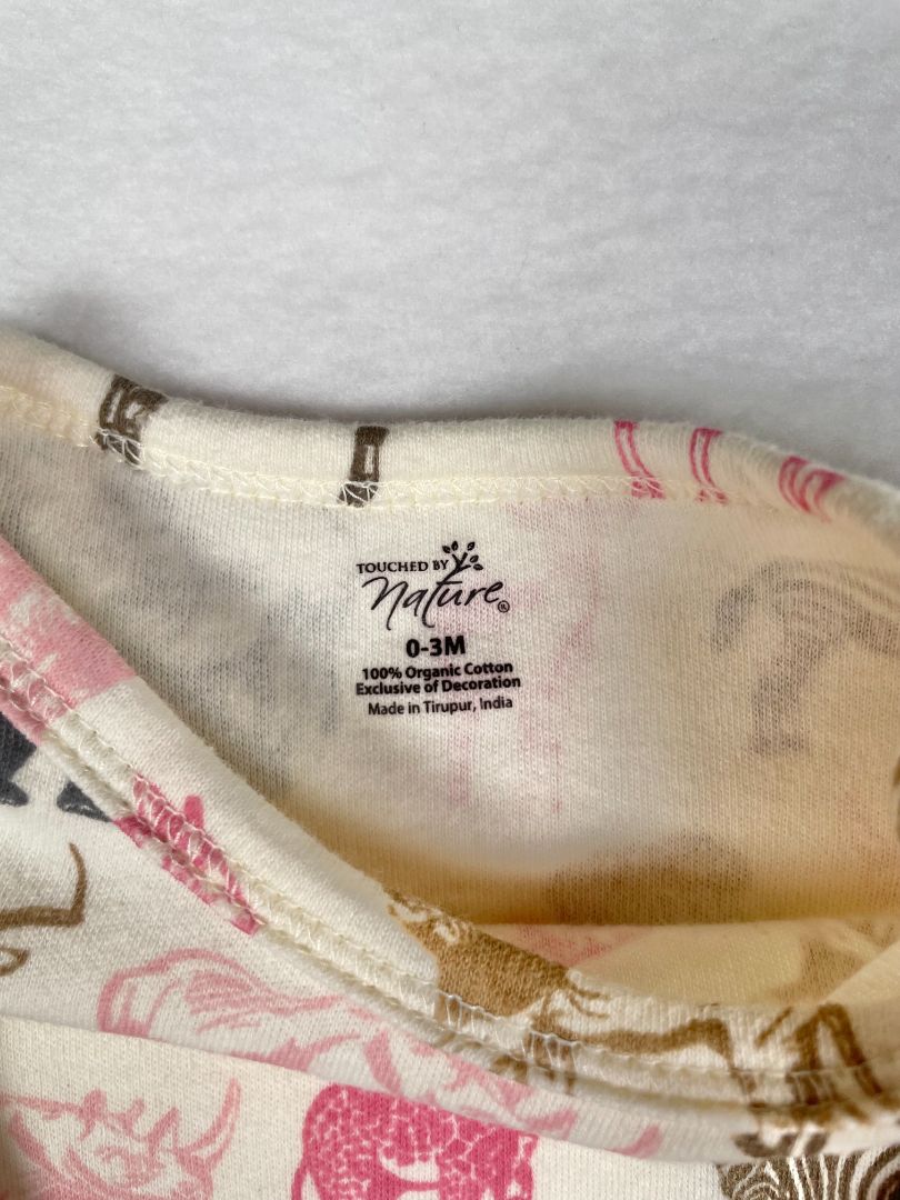 0-3 mo Touched by Nature, Cream, Organic cotton long-sleeve bodysuit, safari print w/ hand covers, pink/grey/brown
