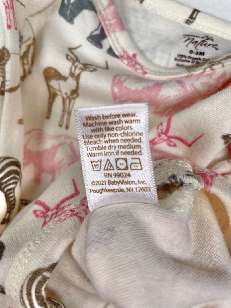 0-3 mo Touched by Nature, Cream, Organic cotton long-sleeve bodysuit, safari print w/ hand covers, pink/grey/brown