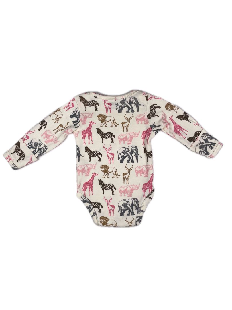 0-3 mo Touched by Nature, Cream, Organic cotton long-sleeve bodysuit, safari print w/ hand covers, pink/grey/brown