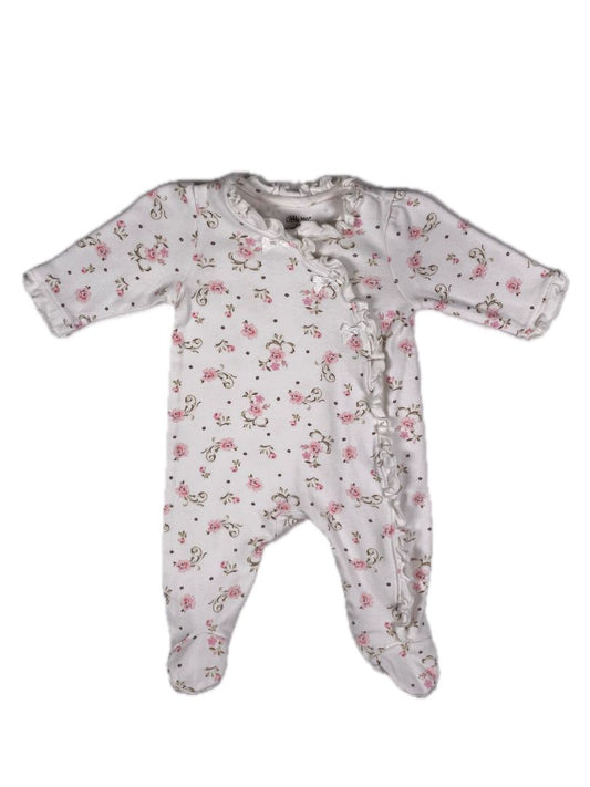 3 mo Little Me, White, Floral print, footed, snap-up coverall w/ ruffle and bows, pink/green