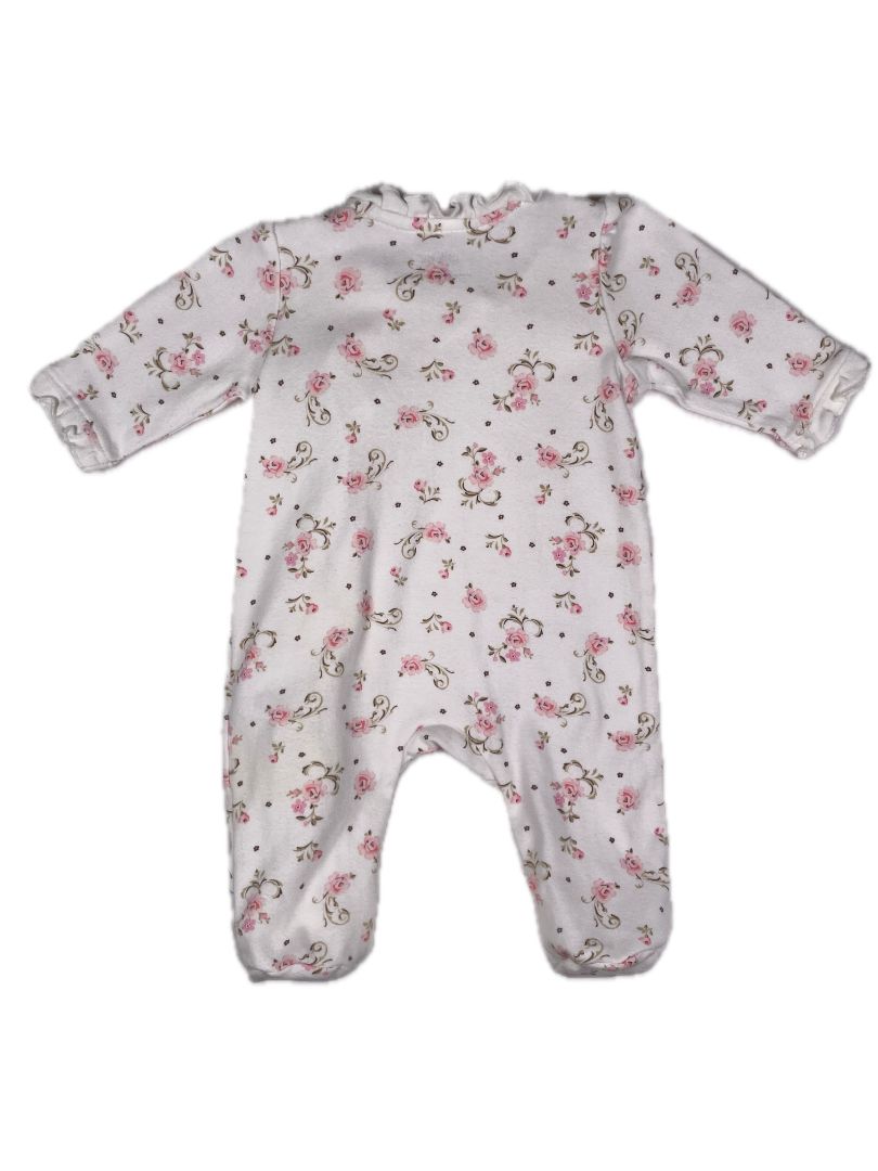 3 mo Little Me, White, Floral print, footed, snap-up coverall w/ ruffle and bows, pink/green