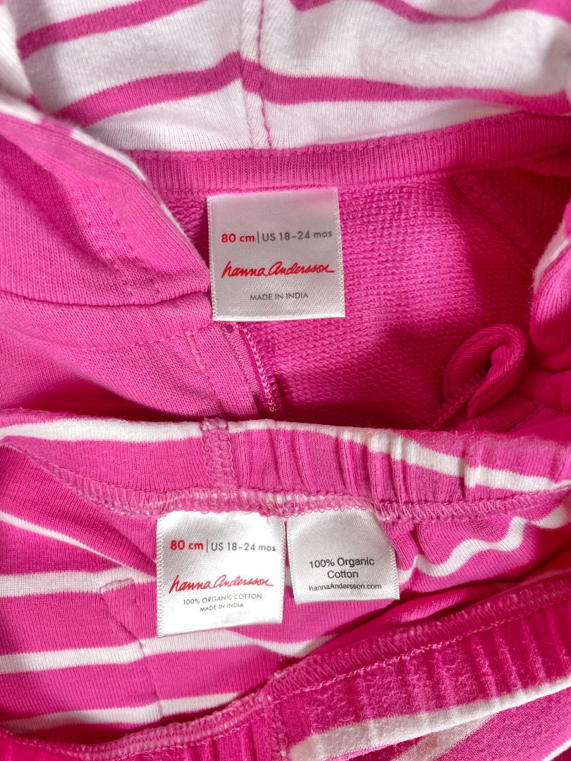 18-24 mo, Hanna Andersson, Pink, Zip-up hoodie with ears + striped leggings SET
