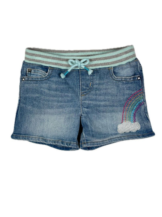 4-5 Lands' End, Blue, Pull-on shorts w/ embroidered rainbow & striped waistband (decorative drawstring)