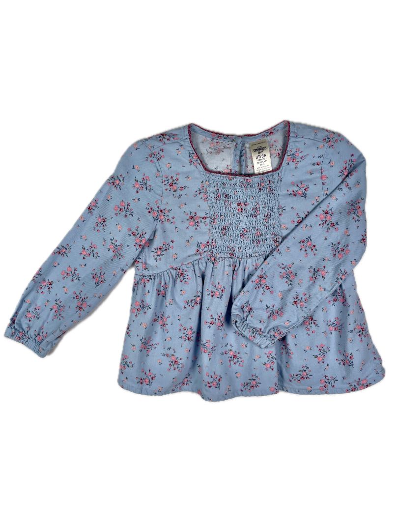 3/3T OshKosh B'Gosh, Blue, Long-sleeve pink floral print top w/ smocking at chest