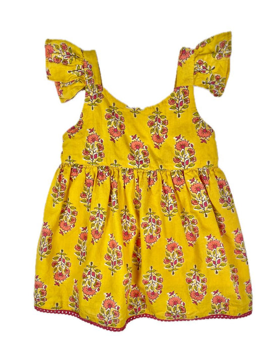 3-6 mo Yo Baby, Yellow, Floral block-print-style dress w/ flutter straps