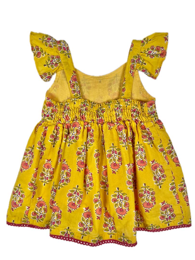 3-6 mo Yo Baby, Yellow, Floral block-print-style dress w/ flutter straps