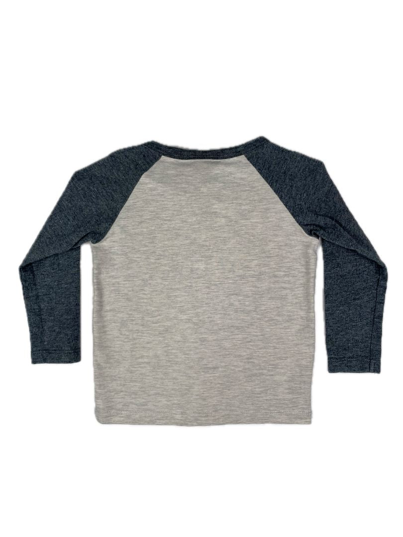 12 mo Bloomie's Baby, Neutral, Long-sleeve baseball t-shirt, button-neck w/ pocket, cream/grey