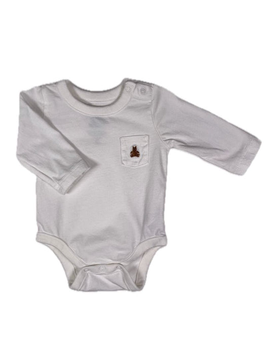 0-3 mo babyGap, White, Long-sleeve bodysuit, pocket w/ embroidered bear