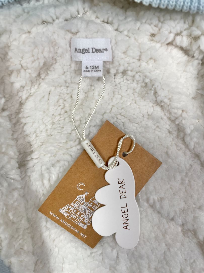 6-12 mo, Angel Dear, White, NEW w/ tags - Light blue striped cable-knit zip-up hooded sweater, sherpa lined