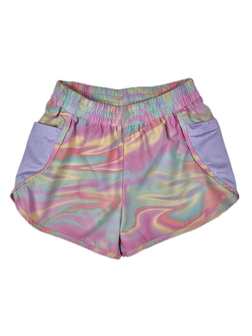 4-5 Lands' End, Multi, Groovy print activewear shorts, mesh side pockets, pink/purple/yellow/blue